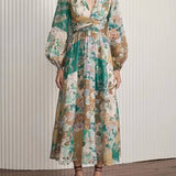 Hand-Painted Printed V-Neck Waist Midi Dress