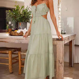 Hollow Sleeveless Pleated Patchwork Full Hem Dress