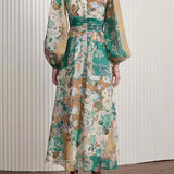 Hand-Painted Printed V-Neck Waist Midi Dress