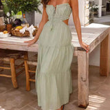 Hollow Sleeveless Pleated Patchwork Full Hem Dress