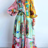 Unique Print Colorblock Balloon Sleeve Belt Shirt Midi Dress