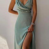 Elegant Spaghetti Strap Pleated Leg Slit Dress