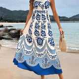 Floral Ethnic Print Back Smocked Loose Miaxi Dress