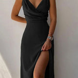 Elegant Spaghetti Strap Pleated Leg Slit Dress