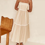 Contrast Color Trim Adjustable Straps Midi Dress