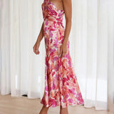 Pink Floral One Shoulder Ruched Satin Dress