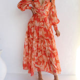 Casual Long-Sleeved V-Neck Swing Midi Dress