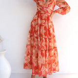 Casual Long-Sleeved V-Neck Swing Midi Dress