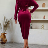 Nipped-Waist Velvet Midi Dress