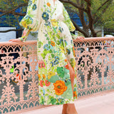 Unique Print Lantern Sleeve Cream Cardigan Style Shirt Dress