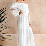 Shoulder Maxi Dress: Embroidered Off Lace Flared Sleeve