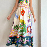 Linen Blend Unique Print Smocked Back Pocketed Midi Dress