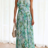 Aqua Floral Print Halter Cutout Neck Pleated Maxi Dress