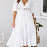 White V Neck Ruffle Hem Lace Dress