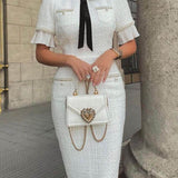 Tweed Pearl Trim Bow Design Formal Midi Dress