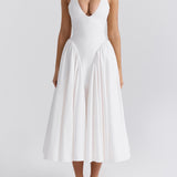 Pleated Stitching Deep V Neck Halter Waist Plain Midi Dresses