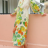 Unique Print Lantern Sleeve Cream Cardigan Style Shirt Dress