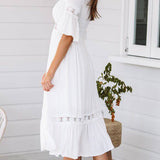 White V Neck Ruffle Hem Lace Dress