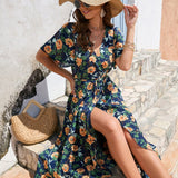 Beachy V-Neck Short Sleeve Dress with High Waist