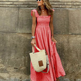 Plaid Ruffled-Sleeve Smocked Maxi Dress