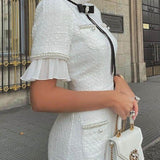 Tweed Pearl Trim Bow Design Formal Midi Dress