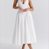 Pleated Stitching Deep V Neck Halter Waist Plain Midi Dresses