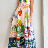 Linen Blend Unique Print Smocked Back Pocketed Midi Dress