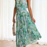 Aqua Floral Print Halter Cutout Neck Pleated Maxi Dress