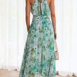 Aqua Floral Print Halter Cutout Neck Pleated Maxi Dress