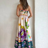 Linen Blend Unique Print Smocked Back Pocketed Midi Dress