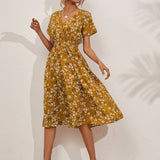 Fashion Casual Small Floral Short-sleeved Midi Dresses
