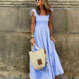 Plaid Ruffled-Sleeve Smocked Maxi Dress