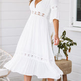 White V Neck Ruffle Hem Lace Dress