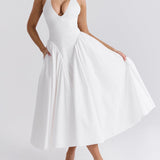 Pleated Stitching Deep V Neck Halter Waist Plain Midi Dresses