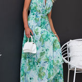 Aqua Floral Print Halter Cutout Neck Pleated Maxi Dress