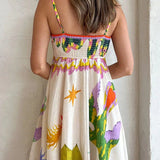 Linen Blend Unique Print Smocked Back Pocketed Midi Dress