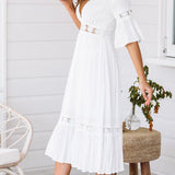 White V Neck Ruffle Hem Lace Dress