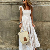Plaid Ruffled-Sleeve Smocked Maxi Dress