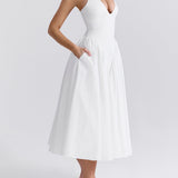 Pleated Stitching Deep V Neck Halter Waist Plain Midi Dresses