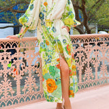 Unique Print Lantern Sleeve Cream Cardigan Style Shirt Dress