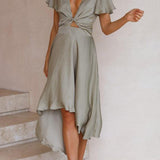 Sage Satin  Maxi Wrap Dress: Twist-Front Cutout