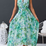 Aqua Floral Print Halter Cutout Neck Pleated Maxi Dress