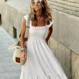 Plaid Ruffled-Sleeve Smocked Maxi Dress