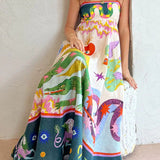 Linen Blend Unique Print Smocked Back Pocketed Midi Dress