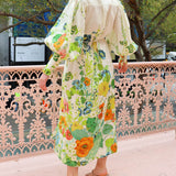Unique Print Lantern Sleeve Cream Cardigan Style Shirt Dress