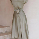 Sage Satin  Maxi Wrap Dress: Twist-Front Cutout