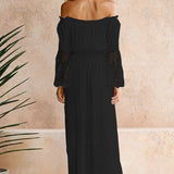 Shoulder Maxi Dress: Embroidered Off Lace Flared Sleeve