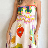Linen Blend Unique Print Smocked Back Pocketed Midi Dress