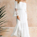 Shoulder Maxi Dress: Embroidered Off Lace Flared Sleeve
