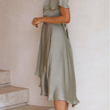 Sage Satin  Maxi Wrap Dress: Twist-Front Cutout